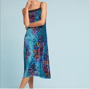 ANTHROPOLOGIE  Moulinette Soeurs Blue Lange Velvet slip dress Turquoise